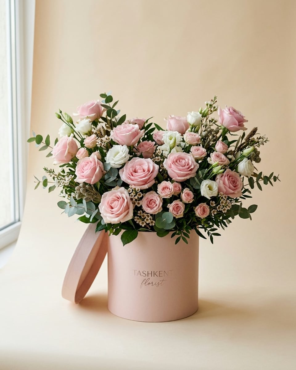 Qutida pushti atirgul va eustoma
